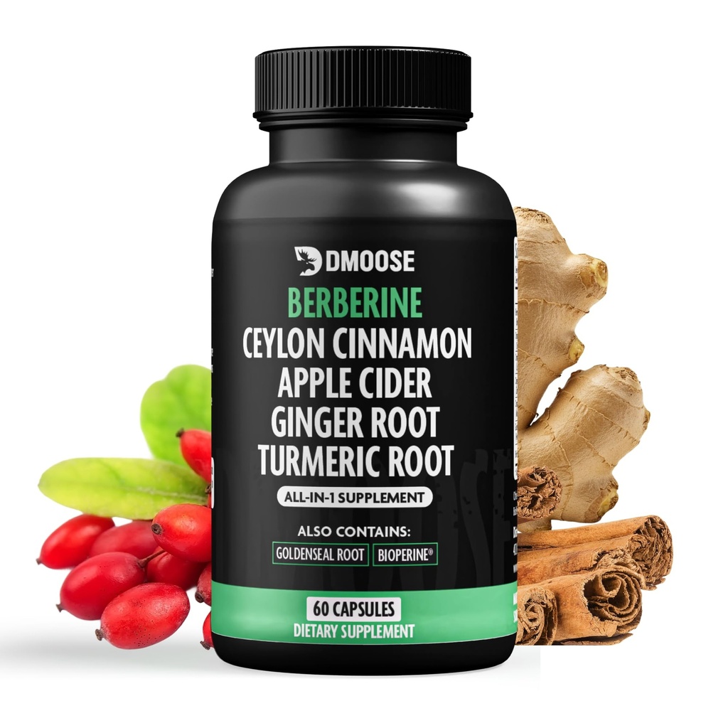 Berberine HCL 1400mg with Ceylon Cinnamon to Support Digestion & Metabolism - 7 in 1 Berberine Supplement, Ceylon Cinnamon, Bioprene, Turmeric, Ginger, Goldenseal & Apple Cider Complex - 60 Capsules