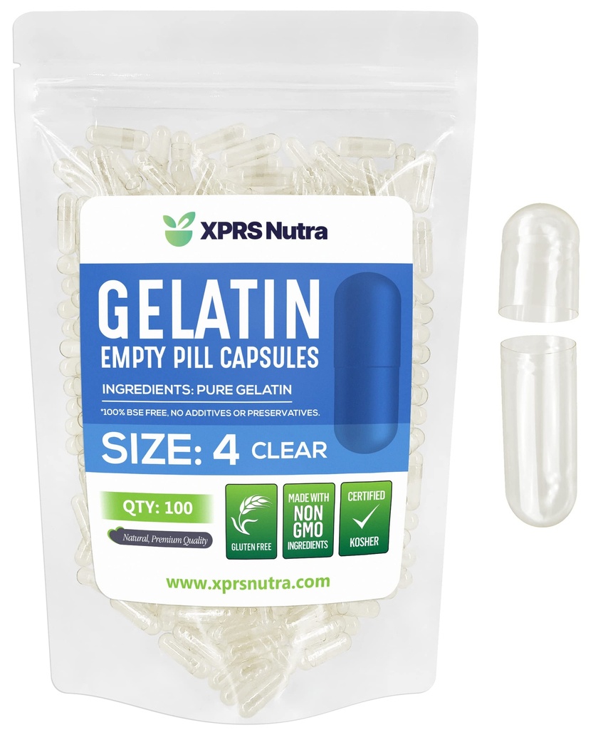 XPRS Nutra Size 4 Empty Capsules - 100 Count Small Clear Empty Gelatin Capsules - Pills DIY Capsule Filling - Fillable Pure Bovine Pill Gel Caps for Do-It-Yourself Supplements