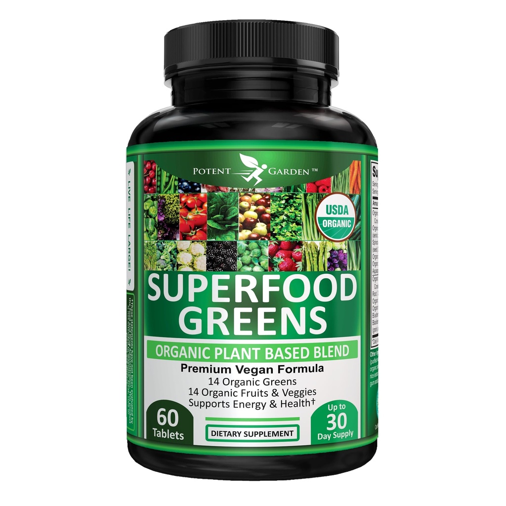 Potent Garden Organic Superfood Greens, Fruit and Veggies Supplement Rich in Vitamins & Antioxidants with Alfalfa, Beet Root & Tart Cherry to Boost Energy, Immunity & Gut Health, Greens Tablets 60 Ct