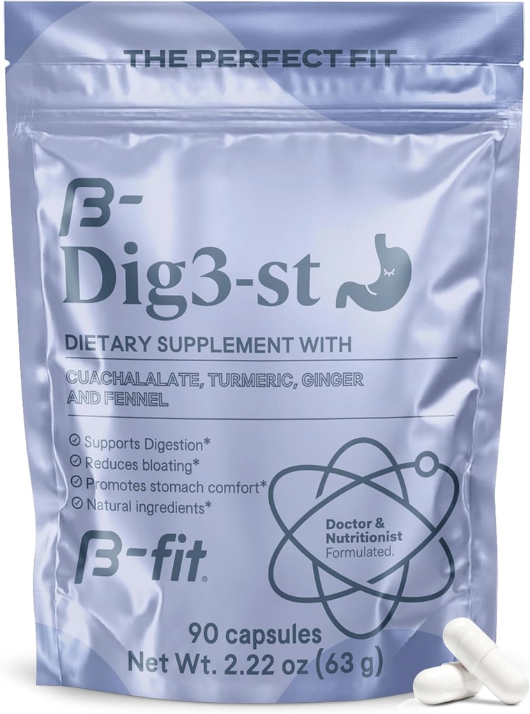 B-FIT Digestive Herbal Supplement - Ginger Root, Turmeric, Fennel and Cuachalalate - 60 Capsules - 100% Natural Formula for Easy Digestion & Stomach Comfort - Use Before Meals