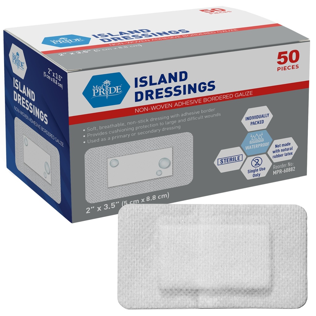 MED PRIDE Adhesive Island Dressing 2x3 in, Pack of 50 Sterile Bordered Wound Dressings, Highly Absorbent, Non-Stick, Latex-Free (2'' x 3.15'')