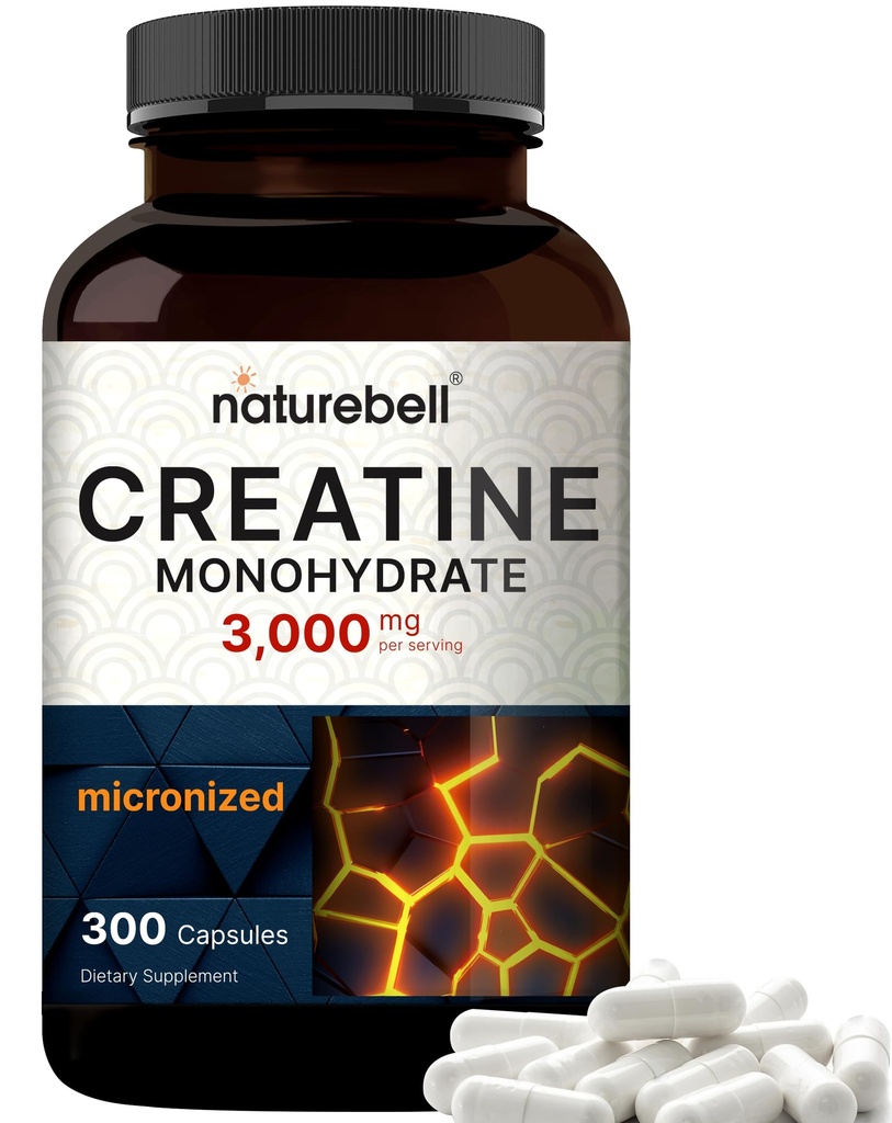 NatureBell Creatine Monohydrate Capsules 3,000mg Per Serving, 300 Count | Micronized, Unflavored Creatine Pills | Pre-Workout & Muscle Strength Support | Easy to Swallow, Filler-Free | 50 Servings