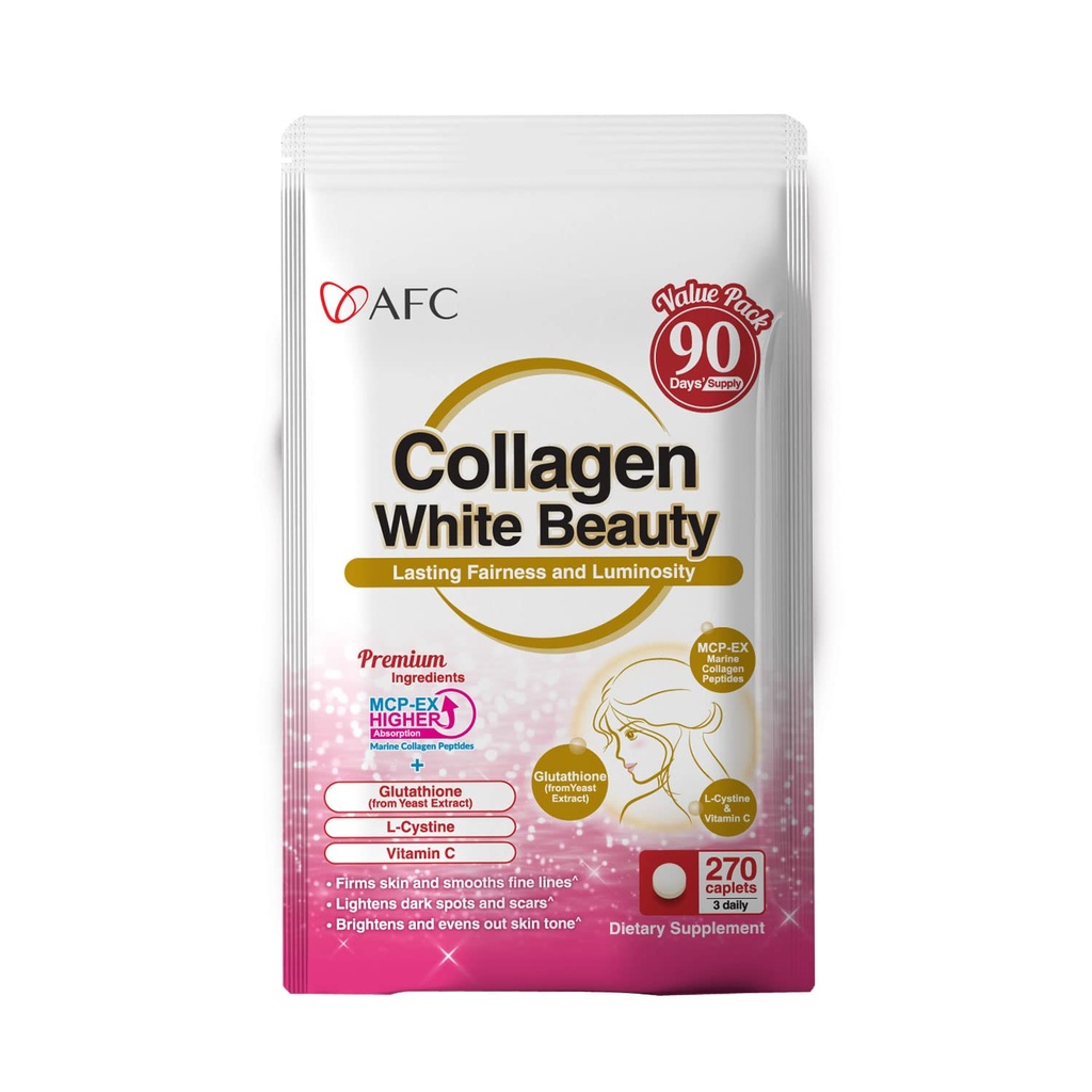 AFC Japan Collagen White Beauty with Marine Collagen Peptide, Glutathione, L-Cystine - 1.5X Better Absorption Than Other Collagen - Supports Skin Firmness & Radiance - 90 Days Supply - 270 Caplets