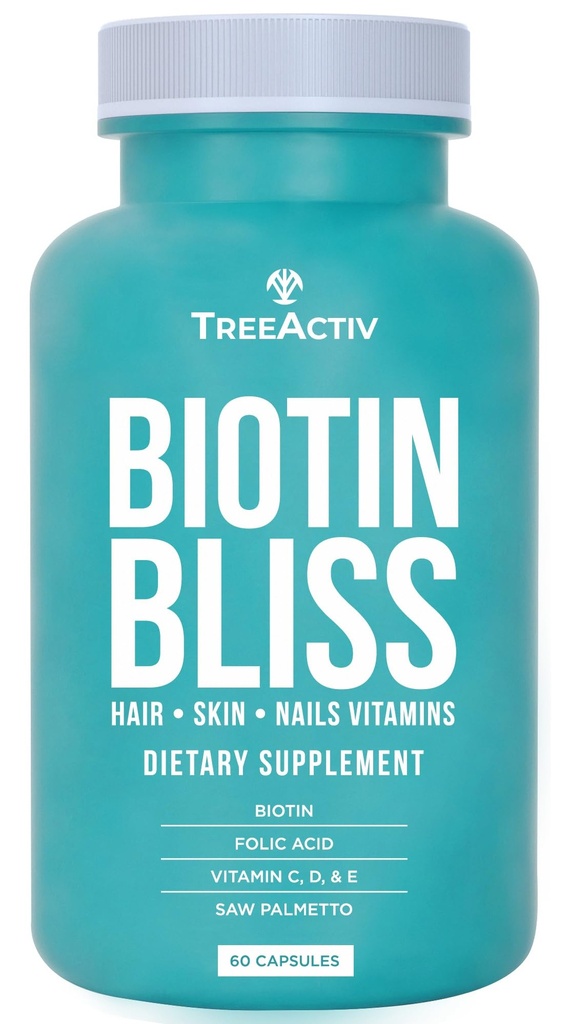 Biotin Bliss Skin Hair Nails Vitamins + Saw Palmetto Supplement Volumizer & Thickening Formula for Men Women Folate MSM B Complex for Hair Growth & Strength 60 Capsules 30-Day Supply