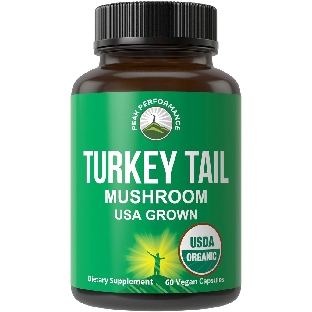 Peak Performance Organic Turkey Tail Capsules - USA Grown Made with Real Turkey Tail Mushroom. Immune System Support Naturally Harvested Mushroom Supplements for Immunity. Vegan Supplement Extract