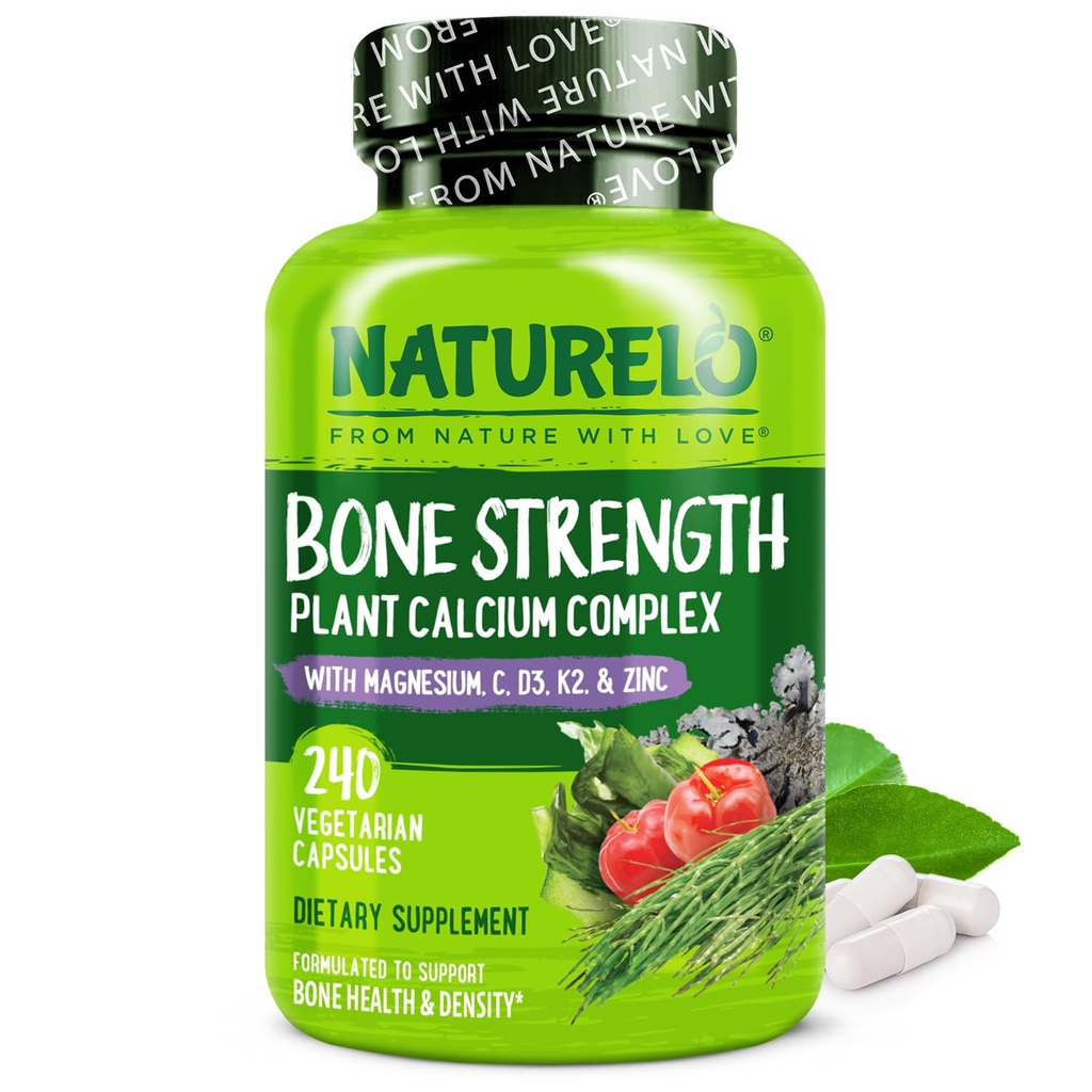 NATURELO Calcium Supplement - with Vitamin C, Vitamin D3, K2, and Calcium Magnesium Zinc for Bone Strength with Calcium 600mg - Plant-Based, 240 Vegetarian Capsules, Non-GMO, Soy & Gluten-Free