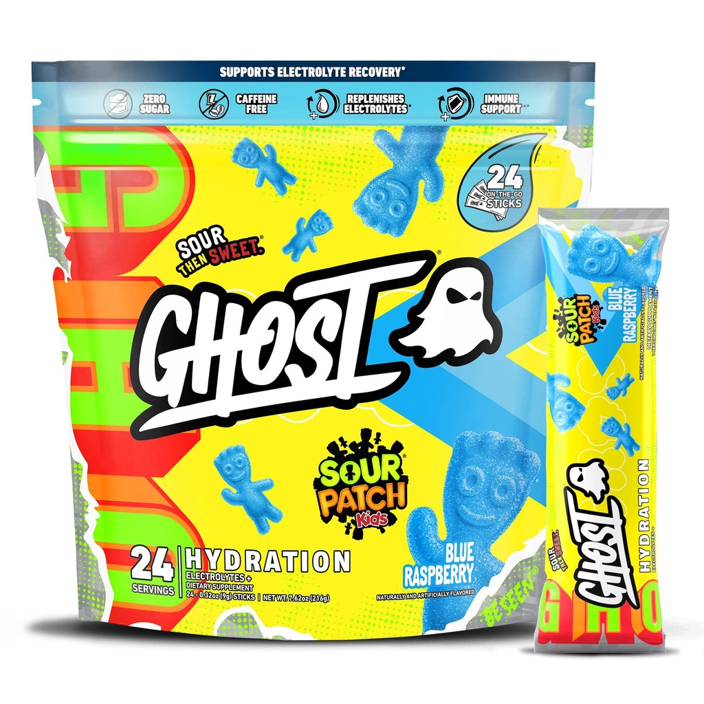 GHOST Hydration Packets, Sour Patch Kids Blue Raspberry, 24 Sticks, Electrolyte Powder - Drink Mix Supplement with Magnesium, Potassium, Calcium, Vitamin C - Vegan, Free of Soy, Sugar & Gluten