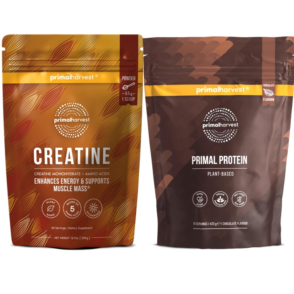 Primal Creatine Powder + Chocolate Protein Vegan Powder Bundle | 2-Pack | Build Muscle, Enhance Recovery & Fuel Performance | 30 Servings Each