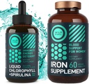 WILD FUEL Iron Tablets for Women with Folic Acid and Liquid Chlorophyll with Spirulina Female Health and Detox Bundle
