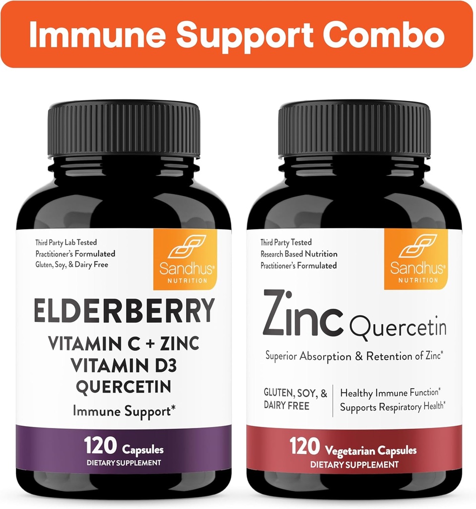 Sandhu's Immune Support Combo | Elderberry & Zinc Quercetin Capsules Bundle | Supports Immune Health