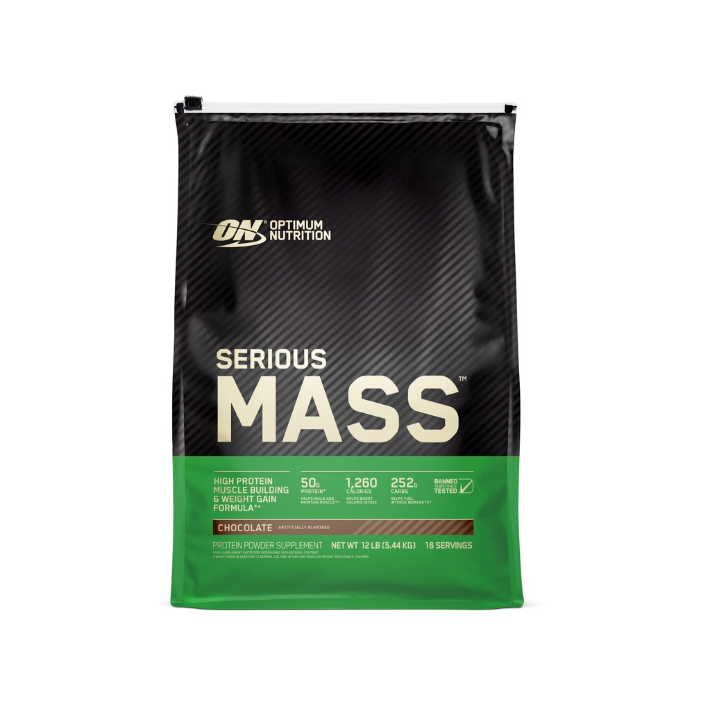 Optimum Nutrition Serious Mass, Weight Gainer Protein Powder, Mass Gainer, Vitamin C and Zinc for Immune Support, Creatine, Chocolate, 12 Pound (Packaging May Vary)
