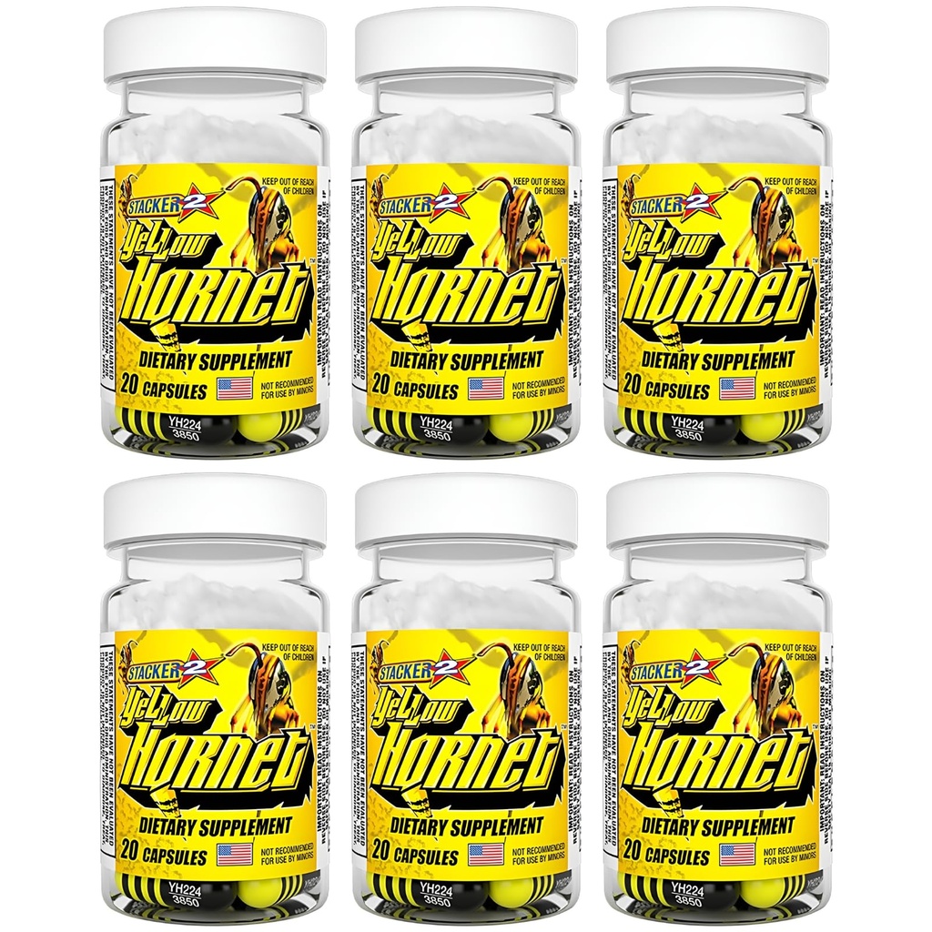 Stacker 2 Yellow Hornet Herbal Dietary Supplement Capsules with Taurine, Yerba Mate, Capsicum Annuum, Yohimbine Alkaloids for Energy Boost, 20 Capsules per Bottle, 6 Pack (120 Capsules Total)