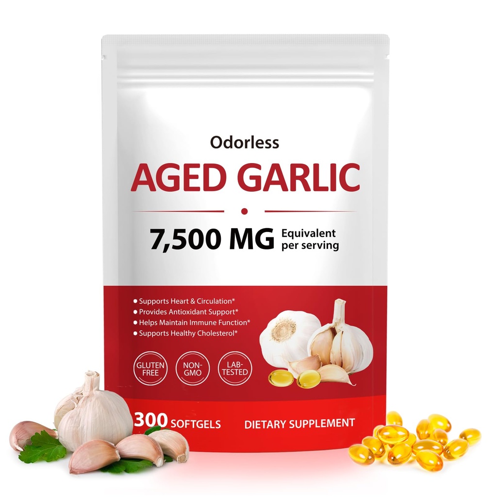Odorless Aged Garlic Extract Capsules 300 Count, 7500mg Organic Aged Garlic Supplement for Heart, Traditional Herbal Support, 2-Year Matured for Overall Wellness, Non-GMO, Gluten Free