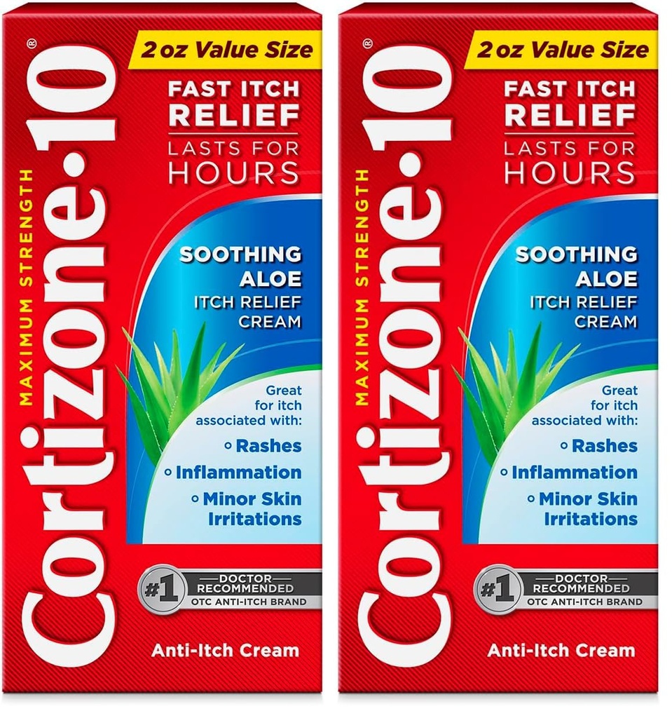Cortizone-10 Maximum Strength Soothing Aloe Itch Relief Cream, 1% Hydrocortisone, Fast-Acting, Anti-Itch Cream for Bug Bites, Rash, Eczema, Psoriasis, Poison Ivy, Oak, Sumac & More, 2 oz (Pack of 2)