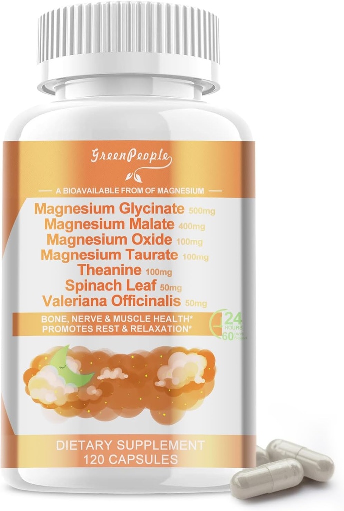 Magnesium Glycinate 500 mg per Serving, with Malate, Taurate & Oxide, Magnesium Supplement for Muscle, Bone,Sleep and Digestion Support, 120 Vegan Capsules, Non-GMO