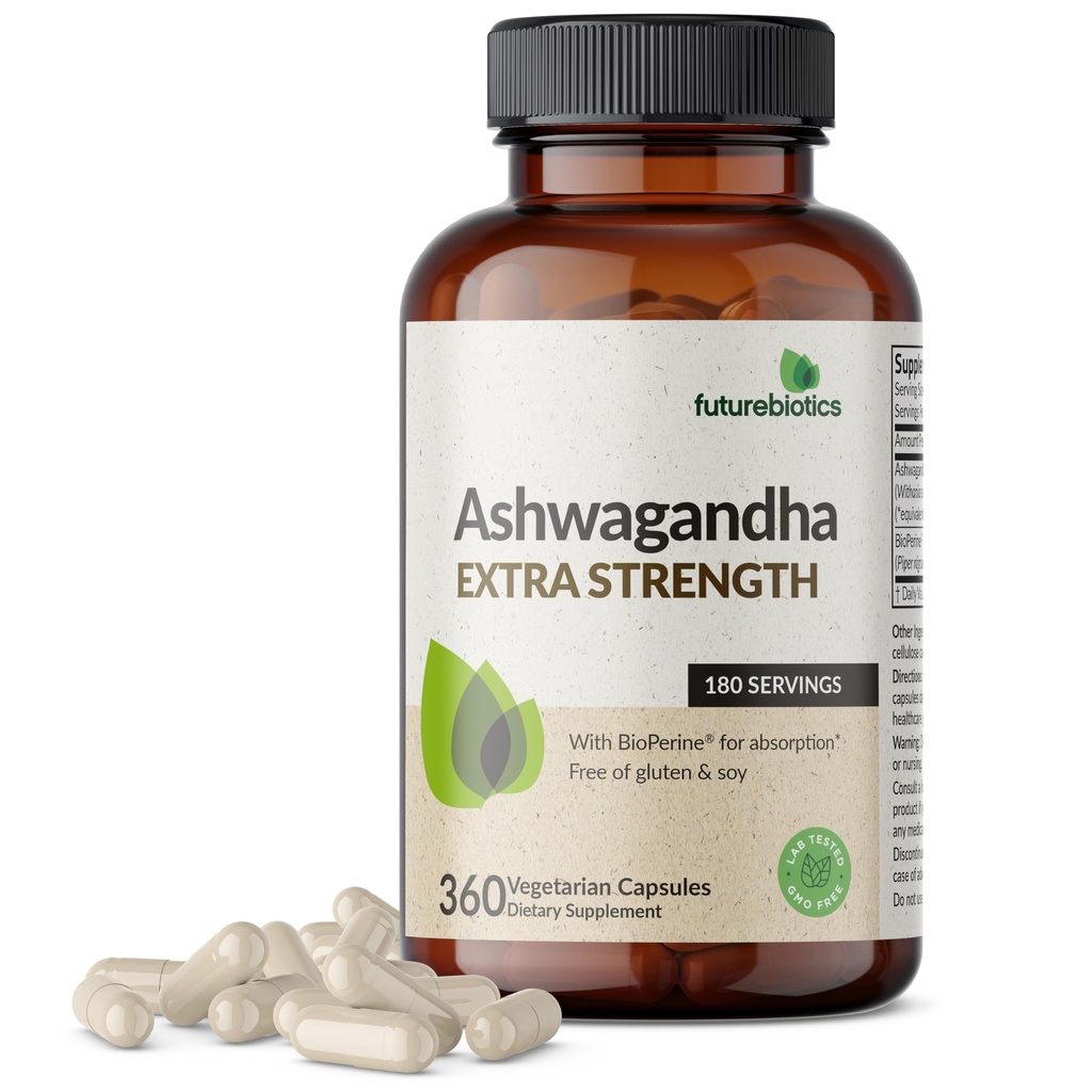 Futurebiotics Ashwagandha Extra Strength Stress & Mood Support with BioPerine - Non GMO Formula, 360 Vegetarian Capsules