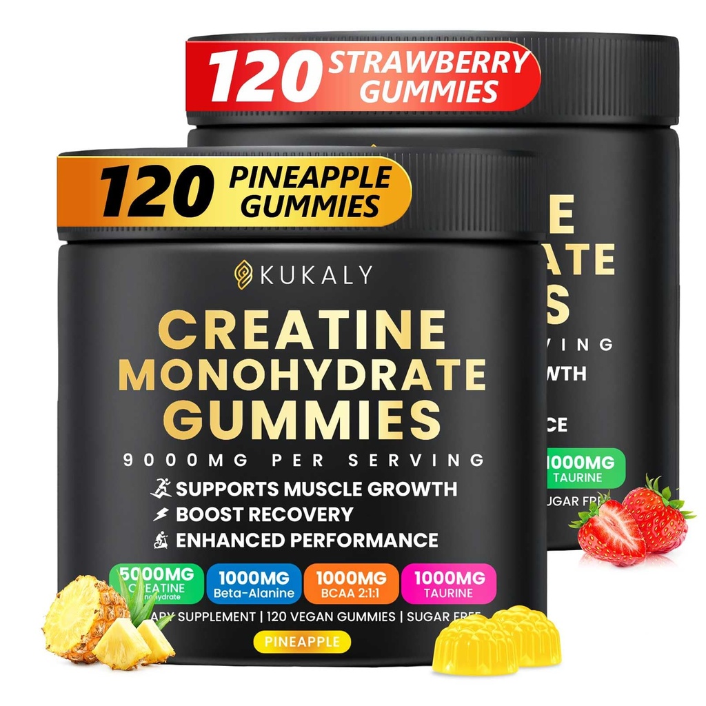 Creatine Monohydrate Gummies for Men & Women, 9000MG Creatine Gummies Sugar Free -BCAA 2:1, B12 B6 for Boost Strength, Focus & Endurance, Vegan, Non-GMO