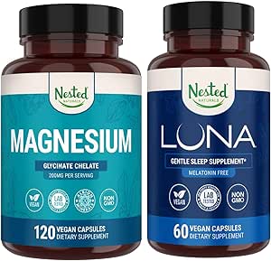Nested Naturals Luna Melatonin-Free Sleep Aid & Magnesium Glycinate Chelate for Improved Sleep, Relaxation, & Recovery (180 Capsules)