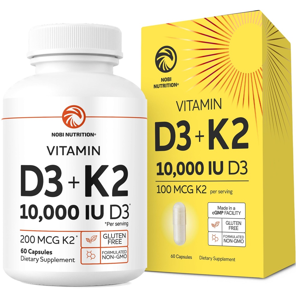 Vitamin D3 K2 | 10000iu D3 + 200mcg K2 | Bone, Immune, Energy & Mood Support | High Absorption Formula | Gluten-Free & Non-GMO | Once-Daily D3K2 Vitamin Supplement | 60 Capsules (2 Month Supply)