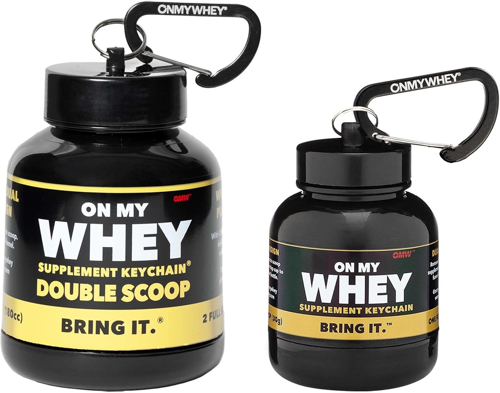 ONMYWHEY Protein Powder Container To Go - Travel Water Bottle Funnel For Mixes, Portable Pre Workout Supplement Containers & Dispenser Funnels, Mini Preworkout Supplements Holder Keychain Bottles