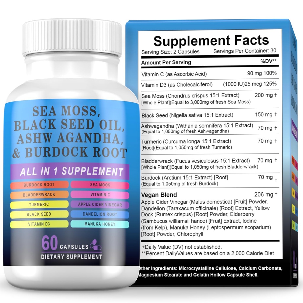 Sea Moss Black Seed Oil Ashwagandha Turmeric Bladderwrack Burdock, Elderberry Manuka Dandelion, Burdock Root Turmeric Vitamin D3 Chlorophyll - 60 Capsules