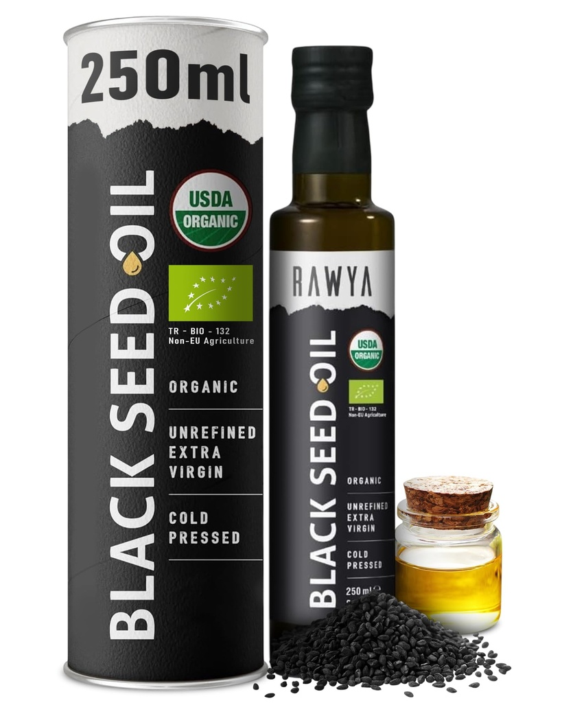 RAWYA Black Seed Oil - USDA Organic Certified - Cold Pressed - 8.4 Fl oz - Extra Virgin - Turkish Black Cumin Seed - Premium Nigella Sativa with Thymoquinone - Kalonji - Non-GMO, Gluten-Free - Nutritional Supplements - Extra Strong Taste