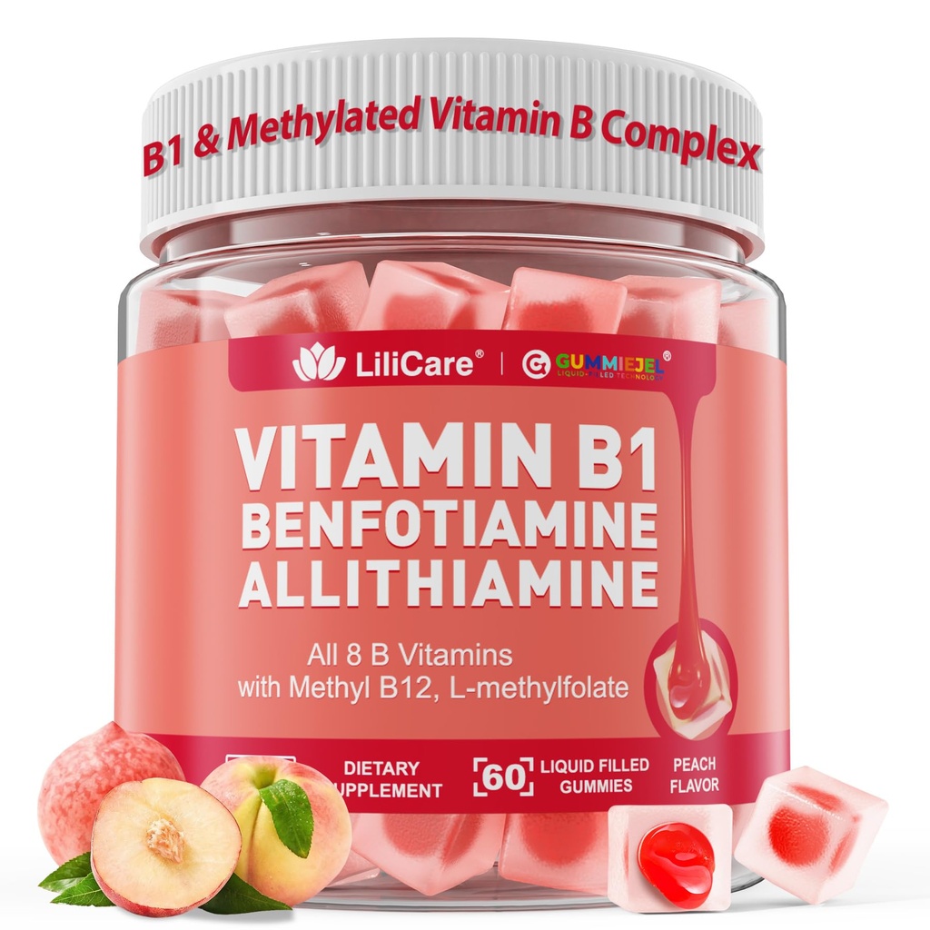 Vitamin B1 & Methylated Vitamin B Complex Gummies - All B Vitamins, Benfotiamine, Thiamine & Inositol, Methylated B1 B2 B6 Multivitamins, L-methylfolate, Methyl B12 for Nerve Cognition Energy, 60 Cts