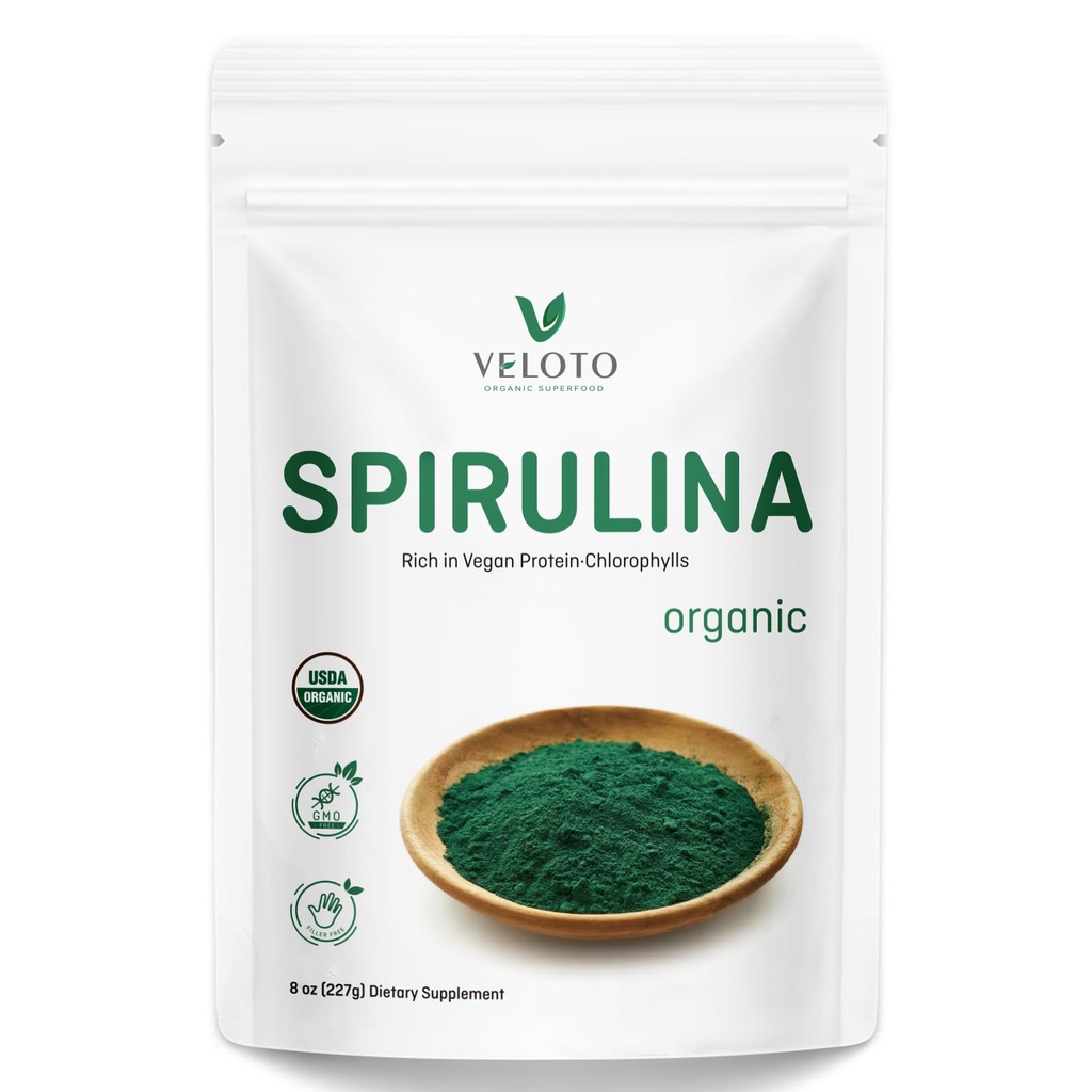 VELOTO USDA Organic Spirulina Powder, 8 oz - Rich in Vegan Protein, Vitamins & Minerals | Natural Green Superfood, Source of Chlorophyll | Non-Irradiated, Non-GMO, Gluten Free