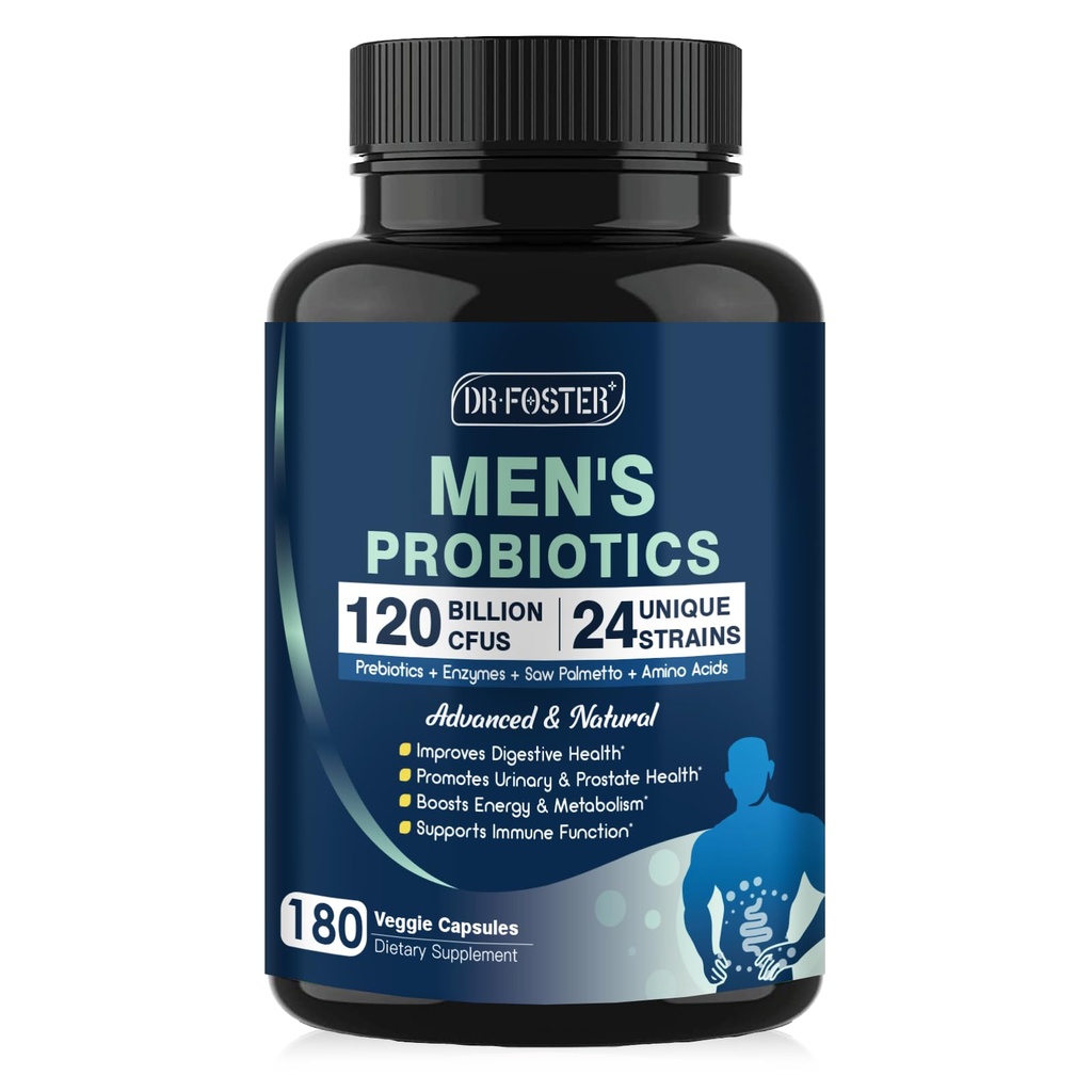 DRFOSTER Probiotics for Men Digestive Health, 120 Billion CFUs Mens Probiotic with Enzymes & Prebiotics & Saw Palmetto & Cranberry for Gut, Prostate & Urinary Tract Health, Shelf Stable, 180 Capsules