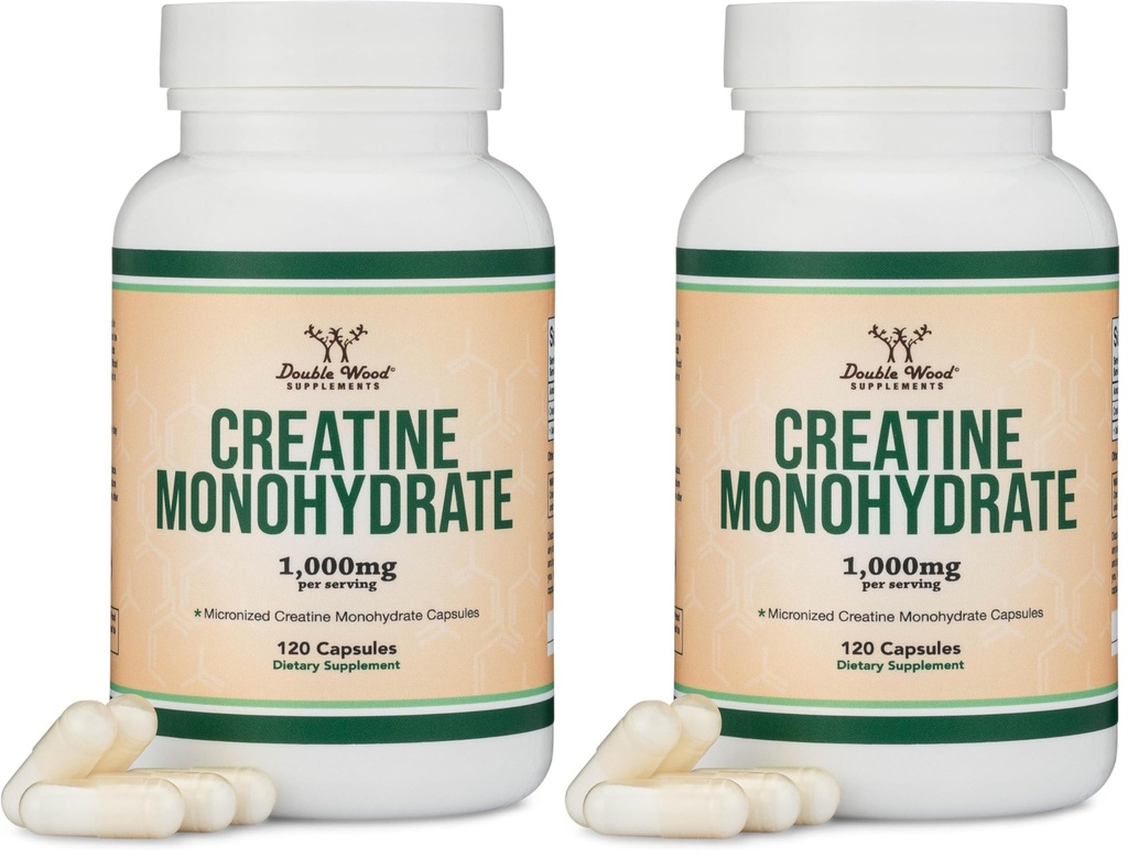 Creatine Monohydrate Capsules - 1g per Serving, 120 Count - No Fillers, Vegan Safe, Non-GMO, Gluten Free by Double Wood (Pack of 2)