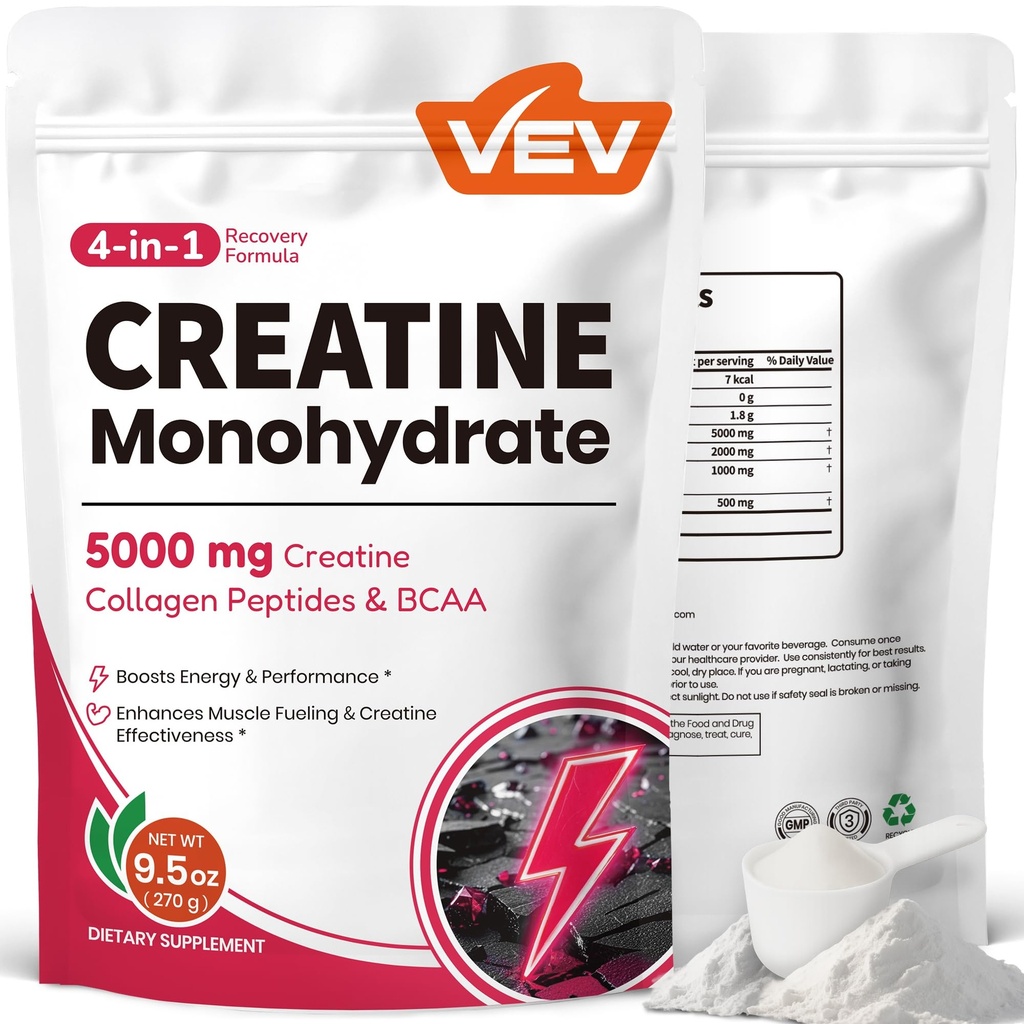 VEV Creatine Monohydrate for Women Powder 5000 mg with Collagen & BCAAs 2:1:1 – Creatine for Women, Supports Muscle Definition, Recovery & Energy – Unflavored, Sugar-Free, 9.5 oz, 30 Servings