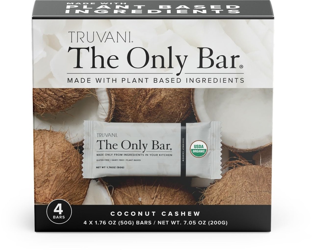 Truvani Plant Based Snack Bars | Coconut Cashew 4 Pack | 5g Protein | USDA Organic and Vegan | The Only Bar | Dairy, Soy, and Gluten Free | Individually Wrapped