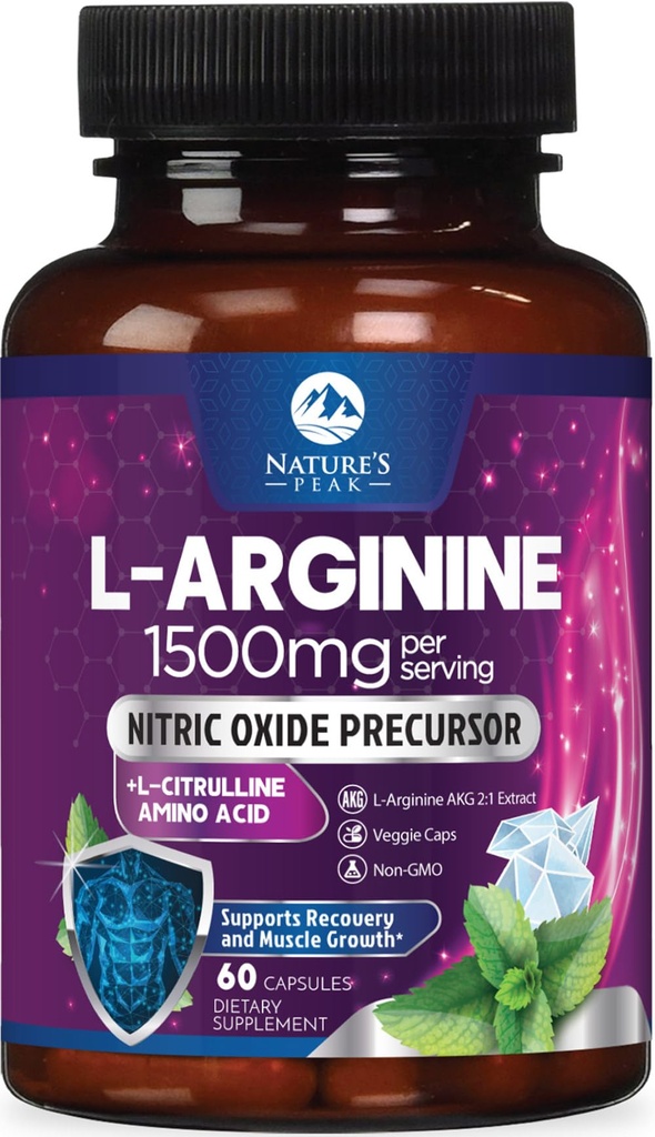 L-Arginine Complex - Extra Strength Nitric Oxide Booster Supplement - Premium Energy Blend for Natural Heart Health & Muscle Support - Non-GMO, Made for Men & Women, Bottled USA - 60 Capsules