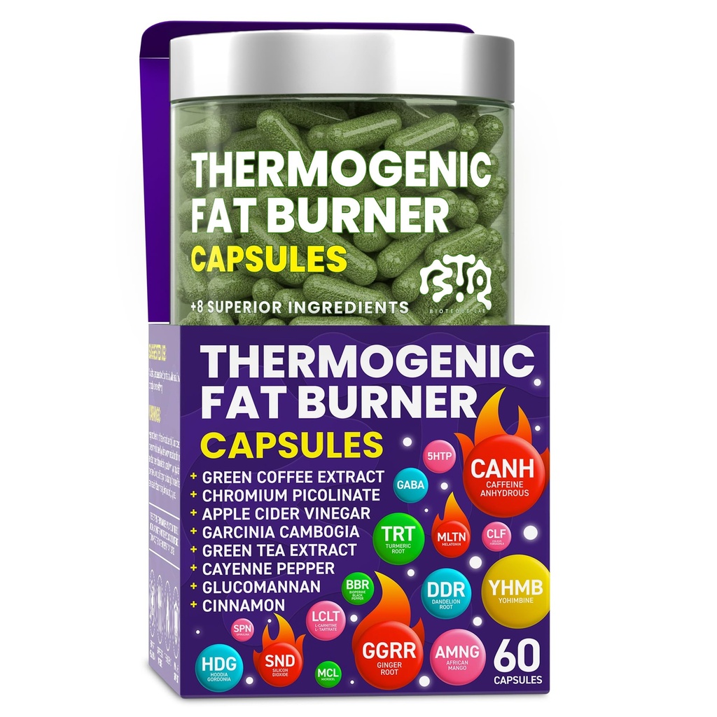 Thermogenic Fat Burner Capsules - Weight Loss Pills for Women & Men, Appetite Suppressant, Metabolism Booster - Green Tea, Coffee Extract, Garcinia Cambogia - Diet Pills for Weight Loss - 60 Capsules