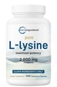 Pure L-Lysine 2,000mg, 300 Veggie Capsules | Maximum Potency, Easily Absorbed, Free Form | Essential Amino Acid for Collagen, Lip, & Immune Support | Clean Ingredients Without Fillers