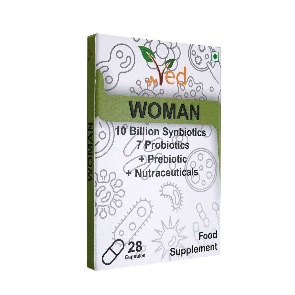 Ved Woman Probiotics and Prebiotics - 10 Billion CFU - 20 Live Bacterial Cultures - 28 Probiotic Capsules for Woman- Lactobacillus crispatus, Silicon Dioxide.