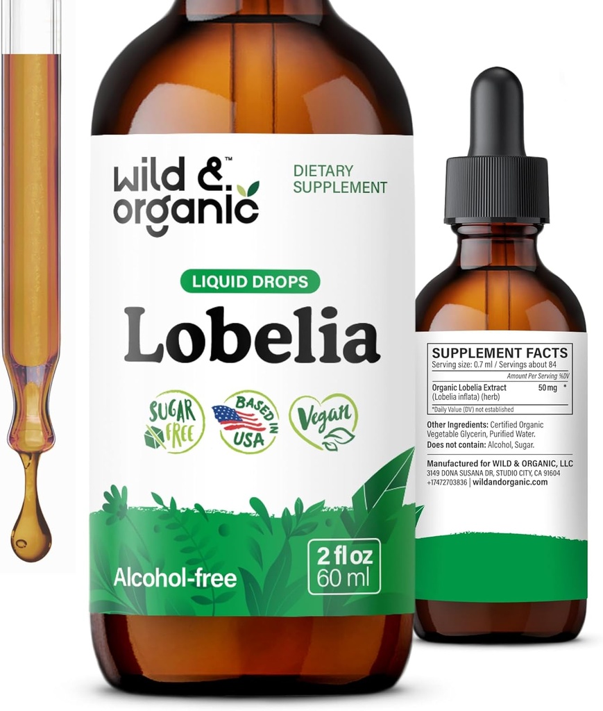Wild & Organic Lobelia Tincture - Herbal Lung Cleanse and Detox - Liquid Lobelia Extract Supplement - Vegan, Sugar & Alcohol-Free Herb Drops - 2 fl oz