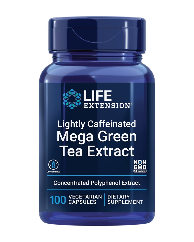 Life Extension Lightly Caffeinated Mega Green Tea Extract, Camellia sinensis Extract with Concentrated EGCG polyphenol Content, Gluten-Free, Non-GMO, Vegetarian, 100 Capsules