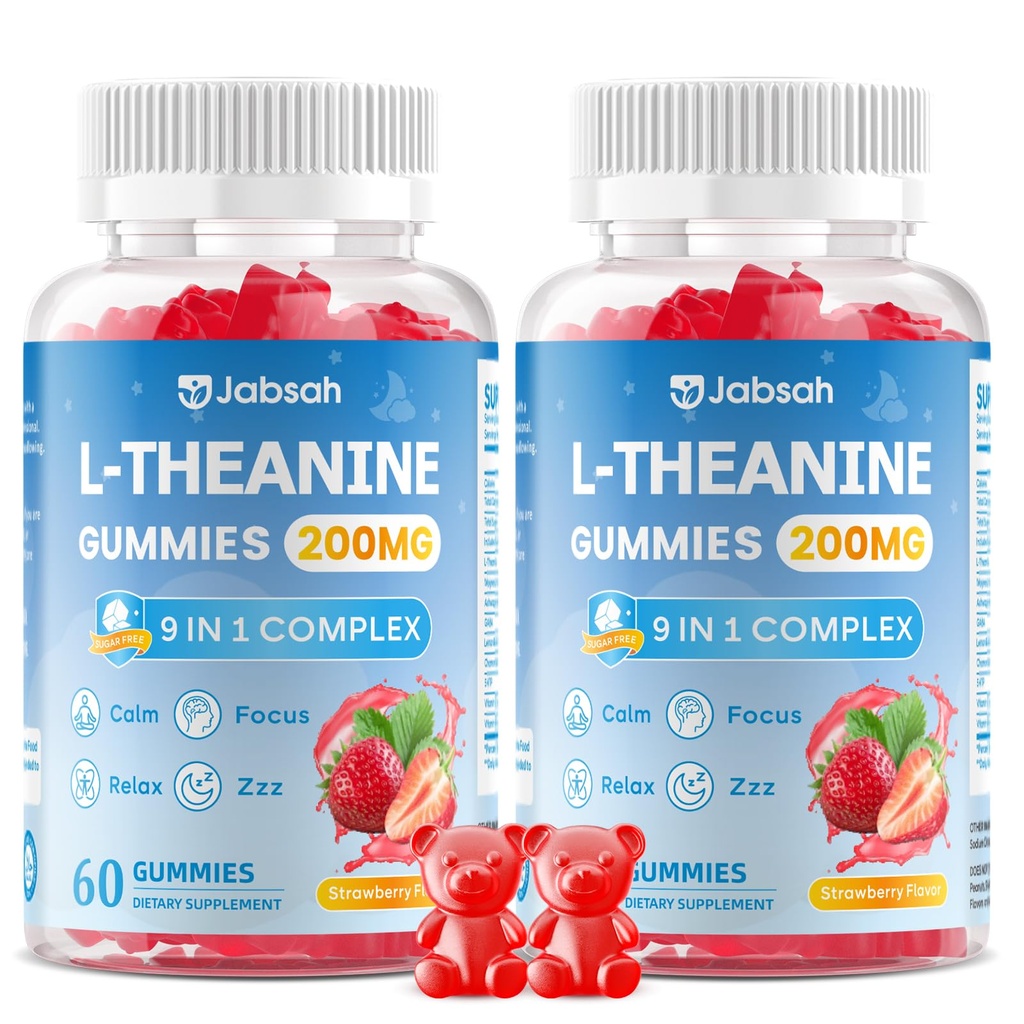 L-Theanine Gummies for Kids & Adults, L Theanine Supplement with Magnesium Glycinate, Ashwagandha, GABA, 5HTP for Calm, Relax, Zzz & Focus Support, Vegan Strawberry Flavor, 120 Count