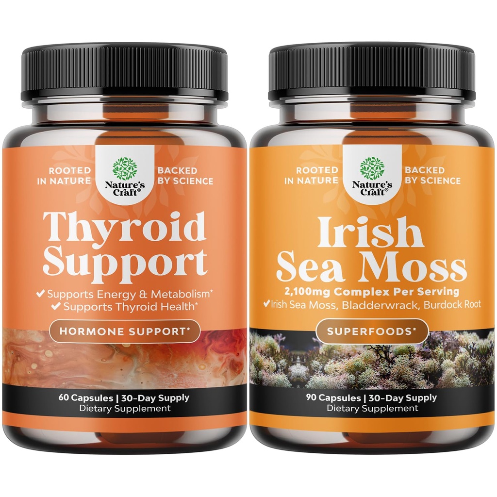 Bundle of Herbal Thyroid Support for Weight Loss and Organic Irish Sea Moss Capsules - Advanced Metabolism Booster Energy - with Burdock Root Superfood Blend for Immune Support