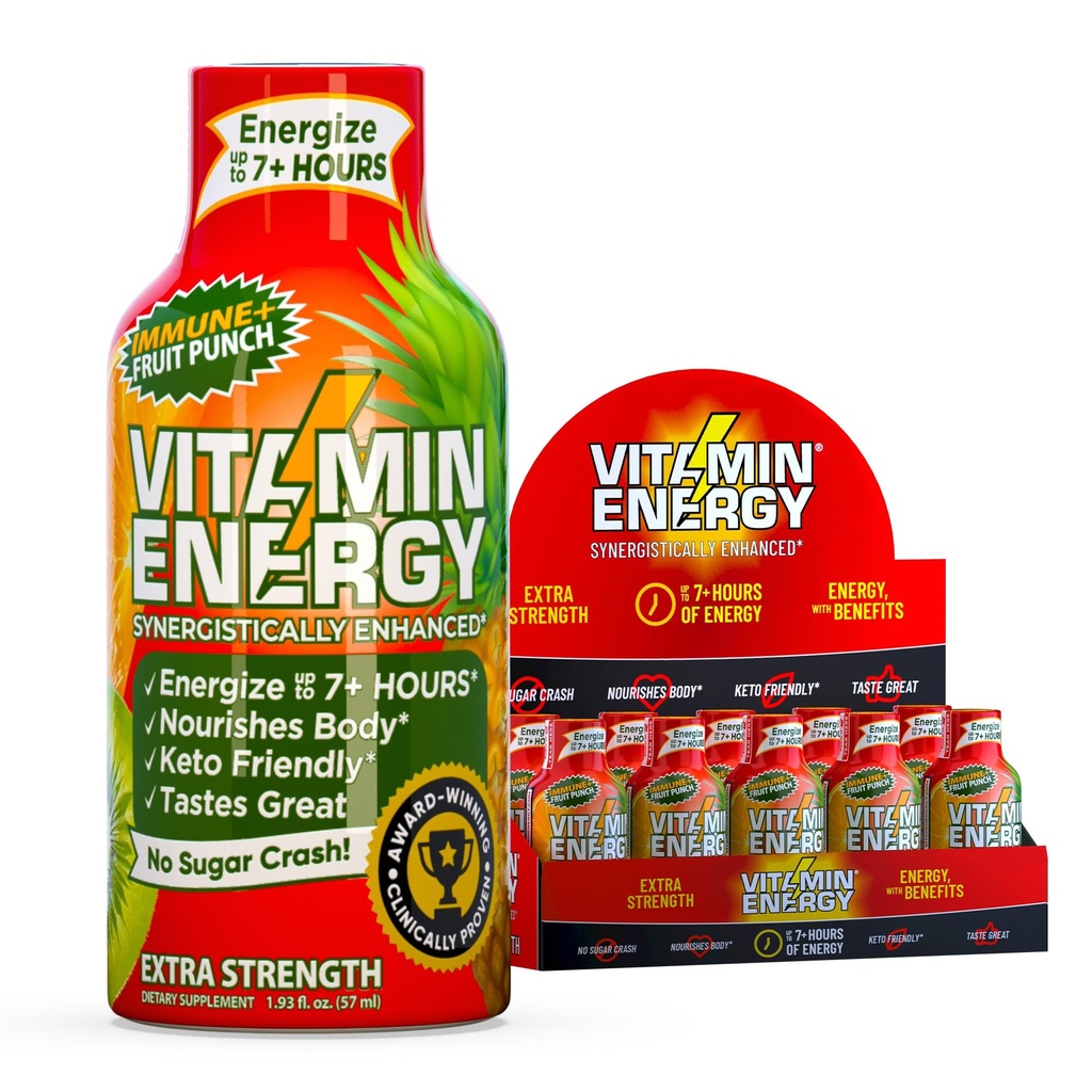 Vitamin Energy Immune+ Extra Strength Energy Shot Fruit Punch 10 Pack, 260mg Natural Caffeine, B-Vitamins, Citicoline, Green Tea, Immunity & Focus Support, Zero Sugar, Gluten-Free 1.93 fl oz