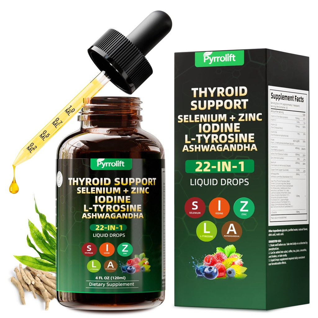 Thyroid Support for Women & Men, 22 in 1 Natural Herbal Formula Support Body Immune & Balance | Kelp Ashwagandha Turmeric Selenium Zinc L-Tyrosine Vitamin B12 | Thyroid Supplement Liquid Drops, 120 ML