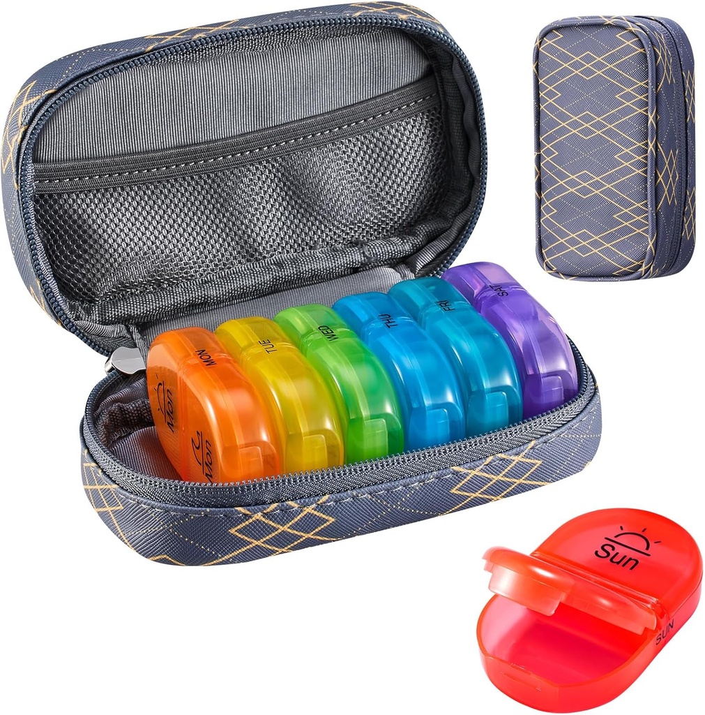 Serfeymi Weekly Travel Pill Organizer 2 Times A Day AM PM Upgraded Rainbow Pill Box 7 Day with Portable Zipper PU Leather Pill Case, Medicine Organizer for Pills, Vitamins, Fish Oils - Lines 01