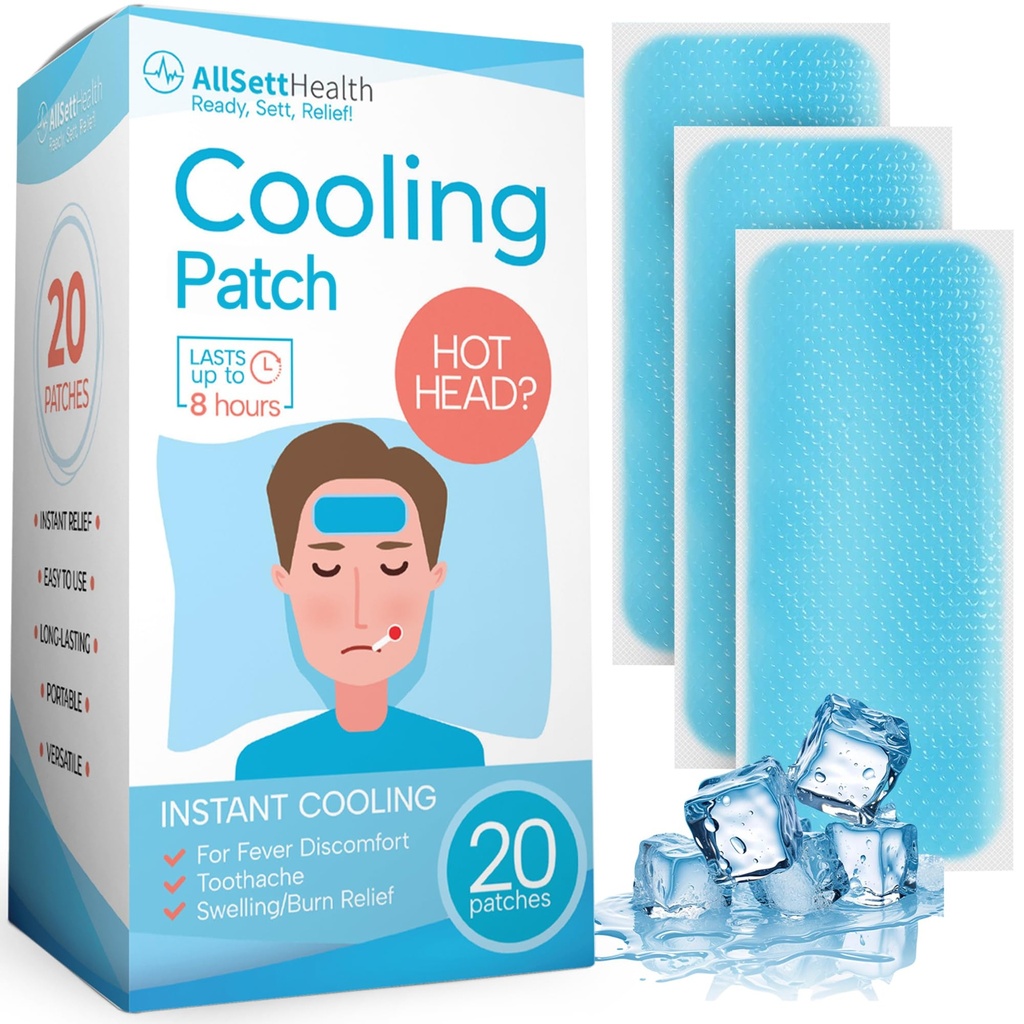 Cooling Patches for Fever, Natural Headache and Migraine Relief, (20 Pack) Soft Gel Sheets, Fever Patch for Kids, Tension/Sinus, Headache Relief Prevention