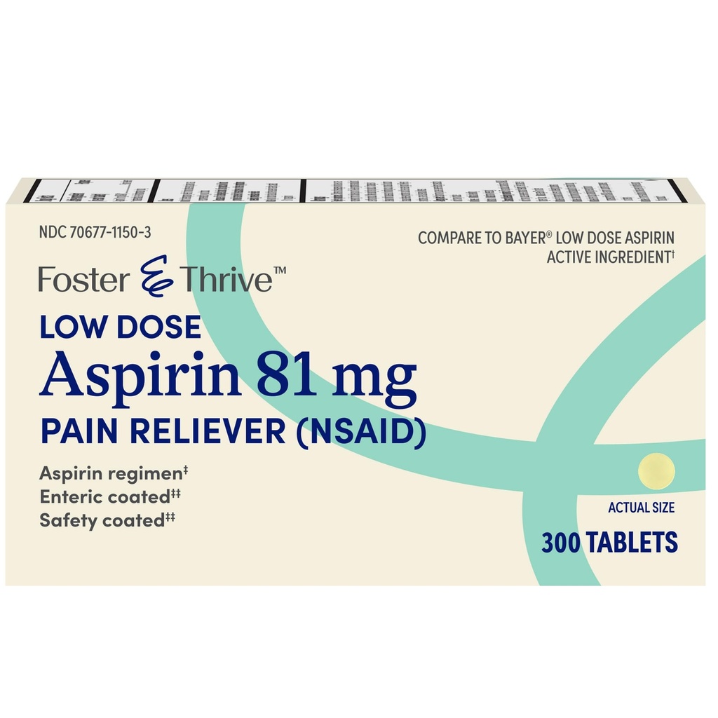 Foster & Thrive Aspirin Low Dose 81 mg, Enteric Coated Tablets, Doctor Recommended, Secondary Prevention of Cardiovascular Disease, 300 Coated Tablets