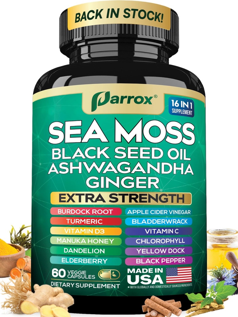 Sea Moss, Black Seed Oil, Ashwagandha, Turmeric, Chlorophyll, Dandelion, Ginger, Vitamin D3, Black Pepper, Elderberry, ACV, Yellow Dock, Burdock Root, Manuka, Vitamin C, Bladderwrack (60 Caps)