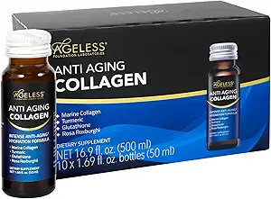 Ageless Ultra Anti Aging Liquid Collagen for Men & Women, Marine Collagen, Turmeric, Glutathione, and Rosa Roxburghii, Multi Vitamins, Skincare, Hydrating & Revitalizing Formula - 50 ml (10 Count)