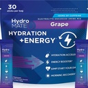 HydroMATE Electrolytes Powder Drink Mix Packets Hydration Accelerator Low Sugar Rapid Party Relief Recovery Vitamin C Plus Caffeine Grape Pack 30 Count