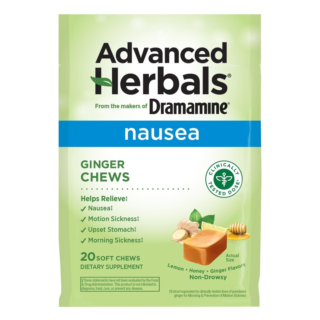 From the Makers of Dramamine, Advanced Herbals Ginger Chews for Nausea Relief, Morning Sickness Relief & Motion Sickness Relief During Travel, Lemon-Honey, 20 Count