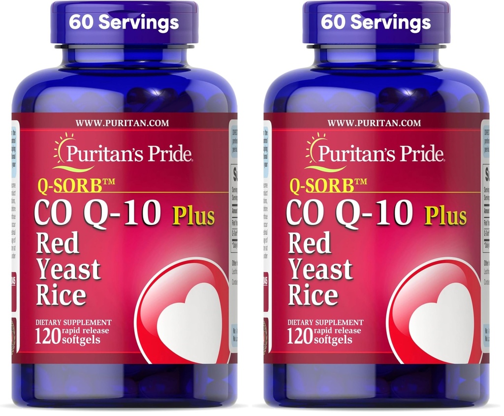 Puritan's Pride Q-Sorb™ Coenzyme CoQ10 Dietary Supplement for Heart Health, Oral Gum Health & Healthy Aging Support, Plus Red Yeast Rice for Improved Digestion, 120 Rapid Release Softgels,(Pack of 2)
